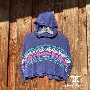 Blue Aztek Hooded Crop Poncho Sz Sm